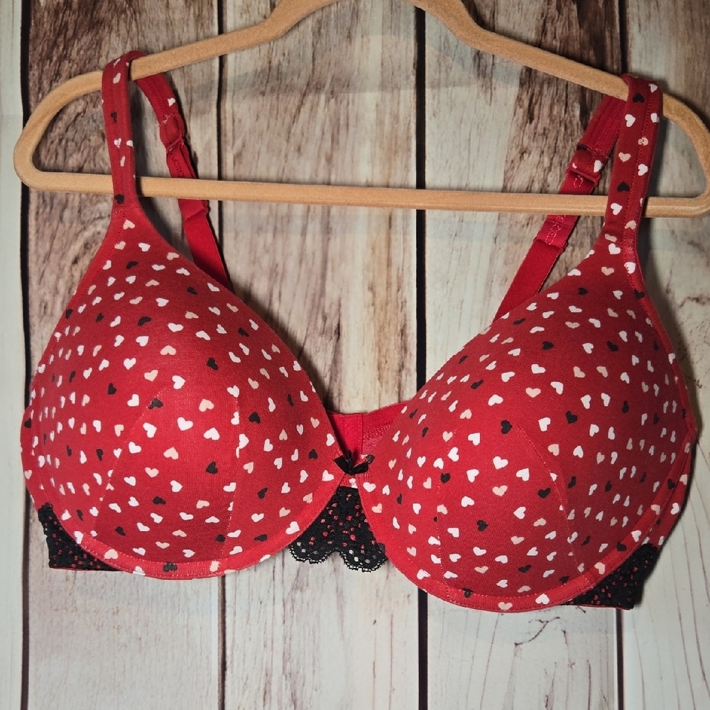 Cacique Red & White Heart And Black Lace Print Underwire Bra Size 42DD